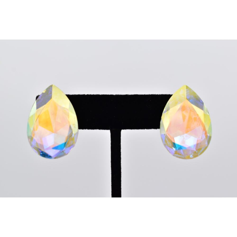 Vintage Aurora Borealis Crystal Clip On Earrings Teardrop AB Glass Chunky BinAF